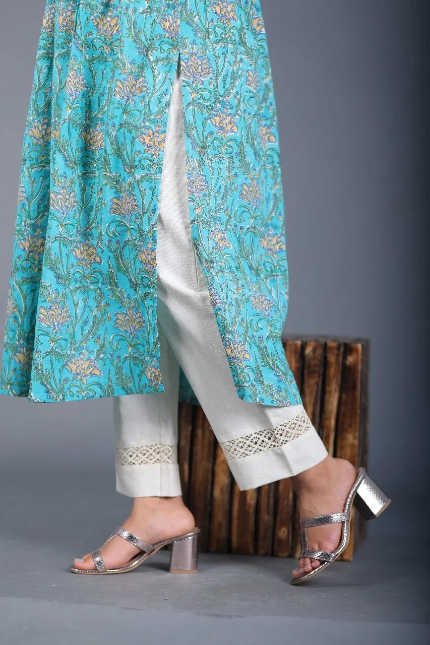 Cream Straight Pant In Cotton With Karachi Lace