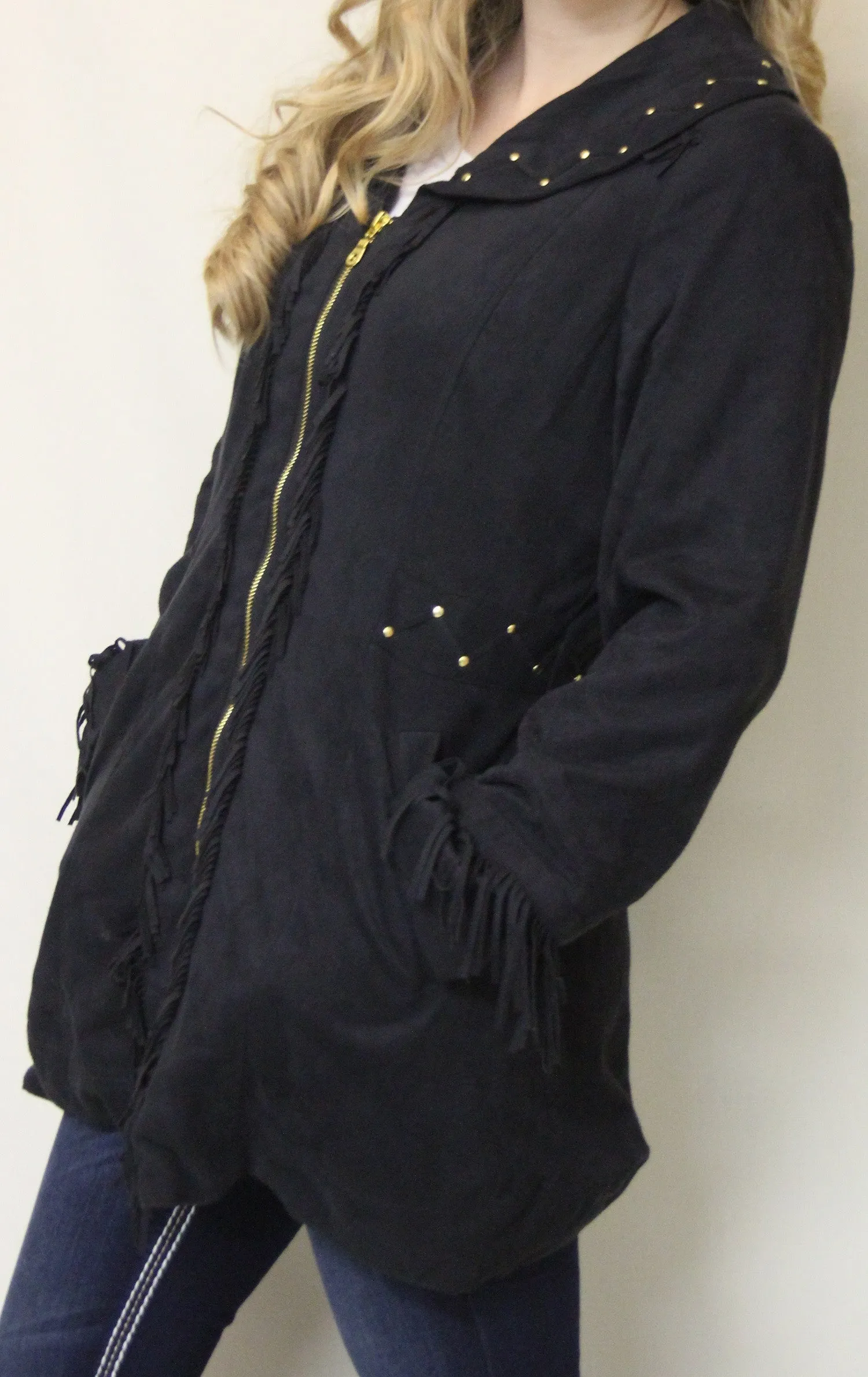 Firmiana | Coat with Zipper and Fringe Black