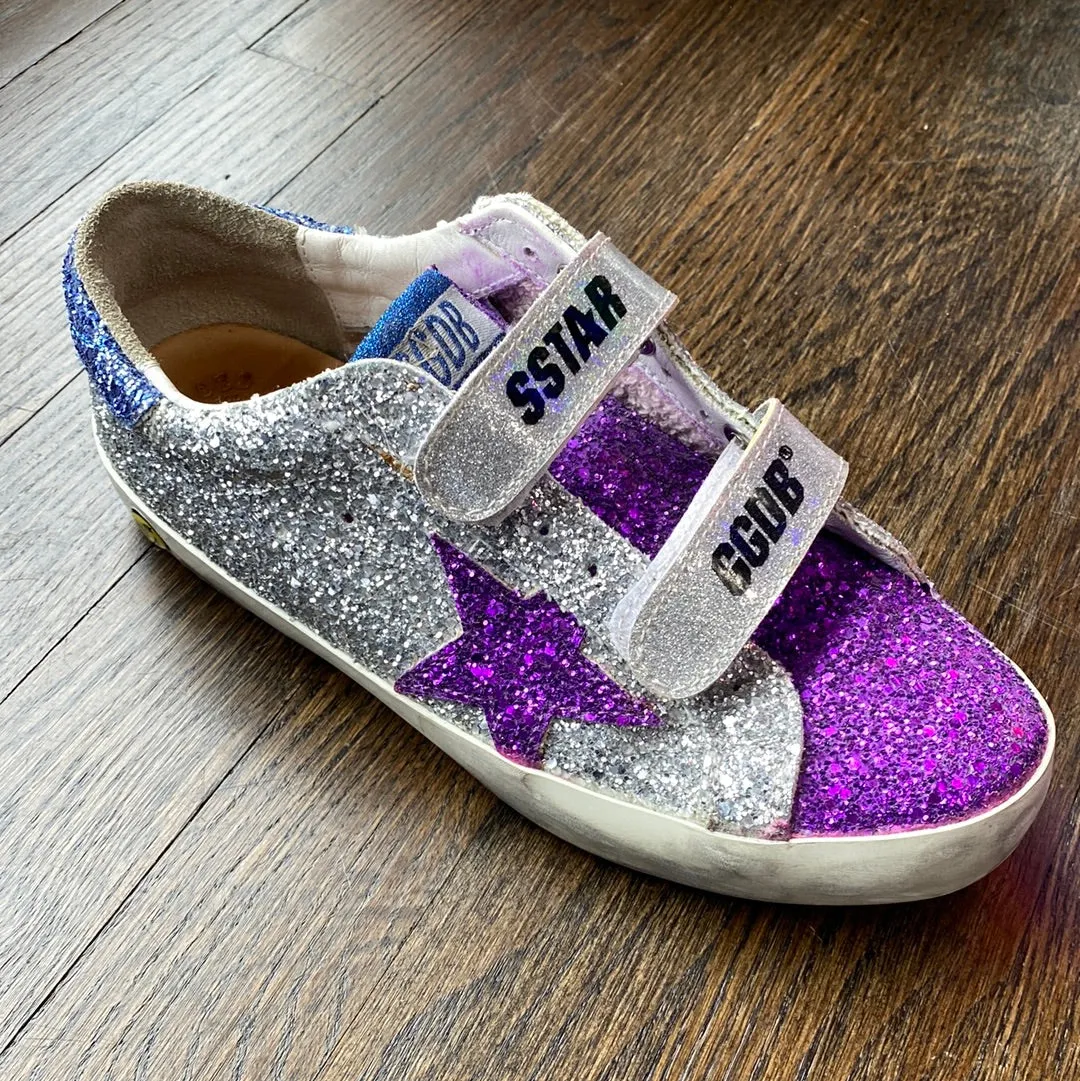 Golden Goose Blue, Purple and Silver Sparkly velcrow superstar sneakers