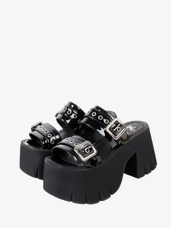 Gothic Lolita Sandals Black Patent PU Upper Round Toe Lolita Summer Shoes