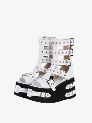 Gothic Lolita Sandals Round Toe PU Leather White Lolita Summer Shoes