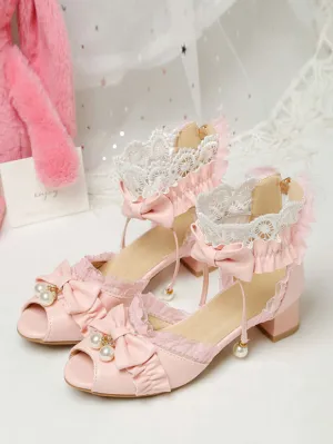 ROCOCO Style Lolita Sandals White Ruffles Pearls PU Leather Peep Toe Lolita Summer Shoes
