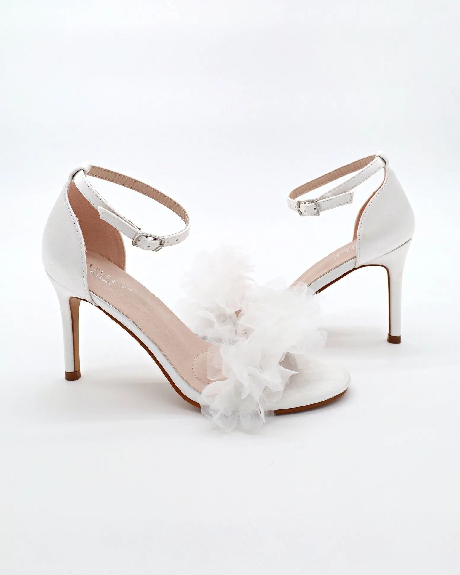 Satin High Heel Wedding Sandals with Ophelia Ruffles Organza