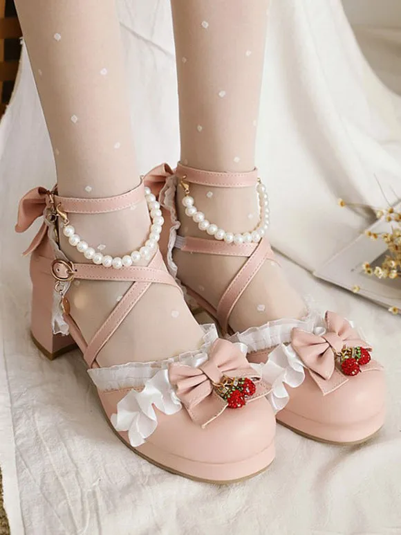 Sweet Lolita Sandals Bows Round Toe Chunky Heel PU Leather Pink Lolita Summer Ankle Strap Heels