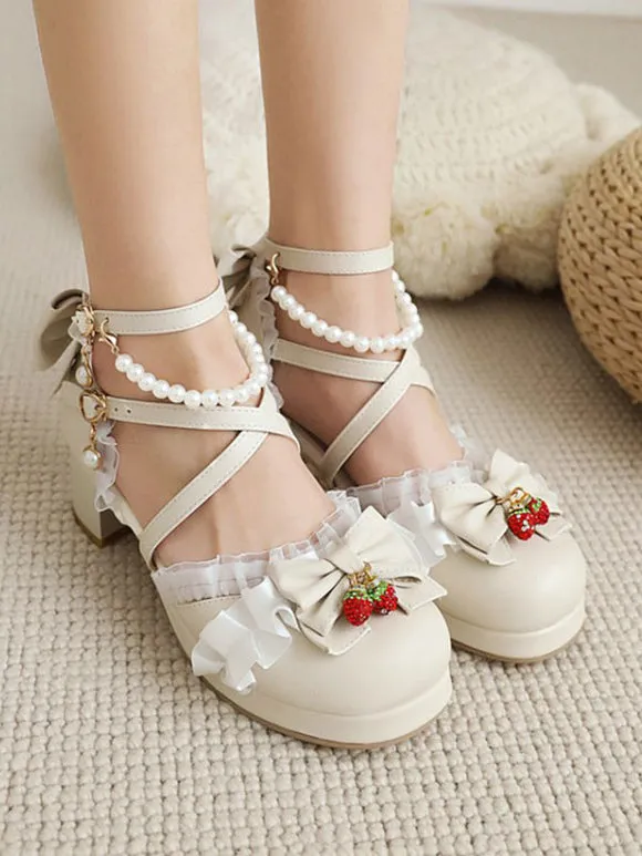 Sweet Lolita Sandals Bows Round Toe Chunky Heel PU Leather Pink Lolita Summer Ankle Strap Heels