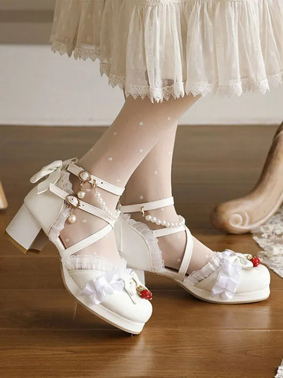 Sweet Lolita Sandals Bows Round Toe Chunky Heel PU Leather Pink Lolita Summer Ankle Strap Heels