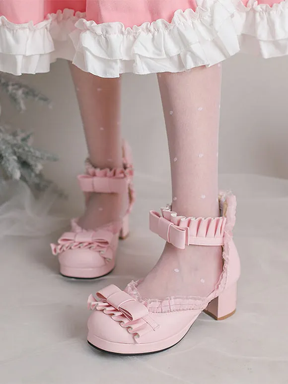 Sweet Lolita Sandals Bows Ruffles Round Toe PU Leather White Lolita Summer Shoes