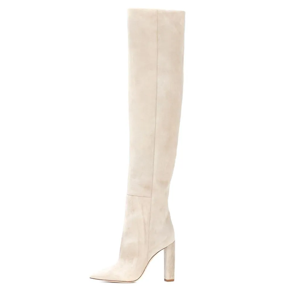 Women Faux Suede Over The Knee High Slouchy Boots Pointy Toe Chunky Heel Slouch Long Boots Ladies Winter Heeled Shoes