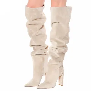 Women Faux Suede Over The Knee High Slouchy Boots Pointy Toe Chunky Heel Slouch Long Boots Ladies Winter Heeled Shoes