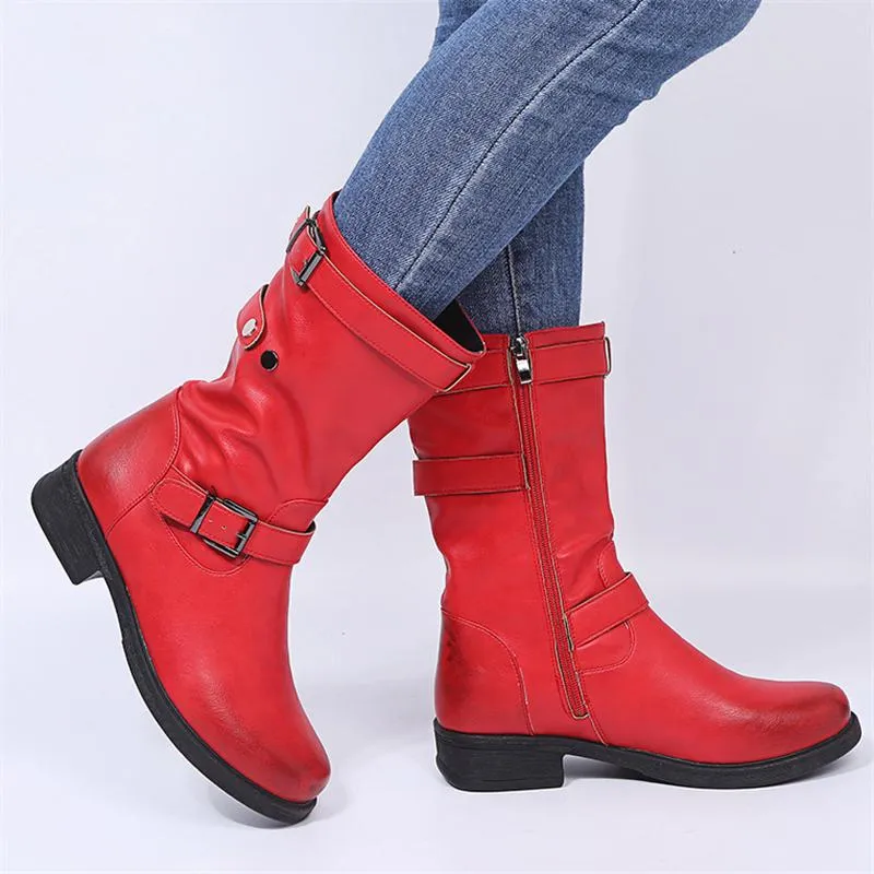 Women's Fashion Block Heel Solid-Color Leather Buckle Mid-Calf Boots