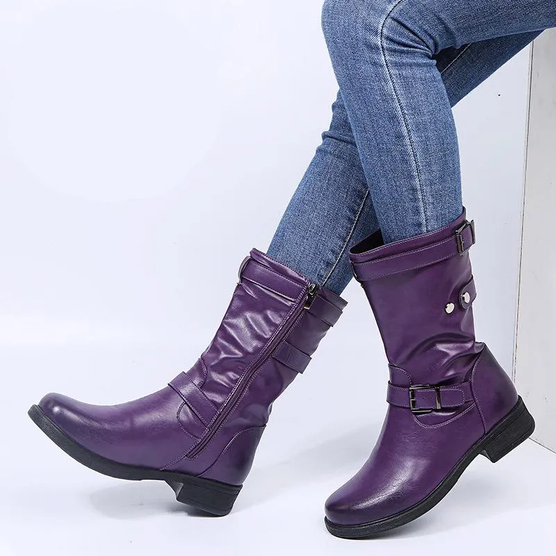Women's Fashion Block Heel Solid-Color Leather Buckle Mid-Calf Boots